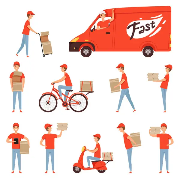 Pizza Delivery Characters Van Motorcycle Moped Delivery Man Fast Business — Stock Vector