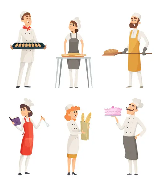 Różnych Kreskówka Postacie Piekarzy Pracy Charakter Baker Jedzeniem Mundurze Wektor — Wektor stockowy