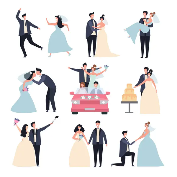 stock vector Wedding couples. Bride ceremony celebration wed day love groom marriage rings vector characters. Bride and groom, marriage love couple, celebration wedding ceremony illustration