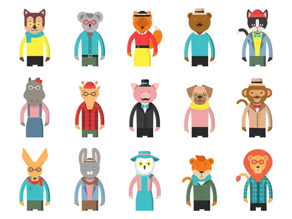 Zoo Tecken Hipsters Tecknad Djur Framifrån Spel Avatarer Fox Bear — Stock vektor