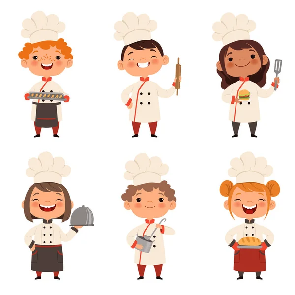 Characters set of children cooks. Cartoon mascots in various dynamic poses. People boy and girl chef in white hat, vector illustration