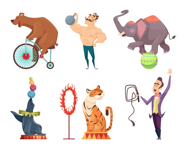 马戏团吉祥物Clouns 表演者 杂技演员和其他马戏团人物 强人表演 大象和熊 矢量插图 — 图库矢量图片