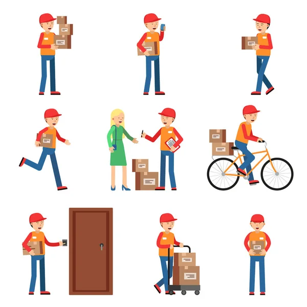 Delivery Worker Different Action Poses Man Holding Box Package Vector — Stock Vector
