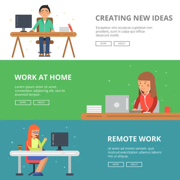 Horizontal Banners Illustrations Freelancers His Workspace Programmers Designers Workplace Job — Stock Vector