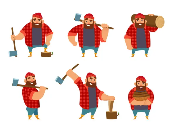 Lumberjack Different Poses Holding Axe Hands Vector Pictures Isolate White — Stock Vector