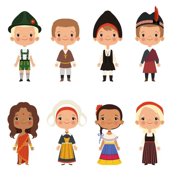 Bambini Diverse Nazionalità Vettore Bambini Ragazzo Ragazza Etnico Tradizionale Costume — Vettoriale Stock