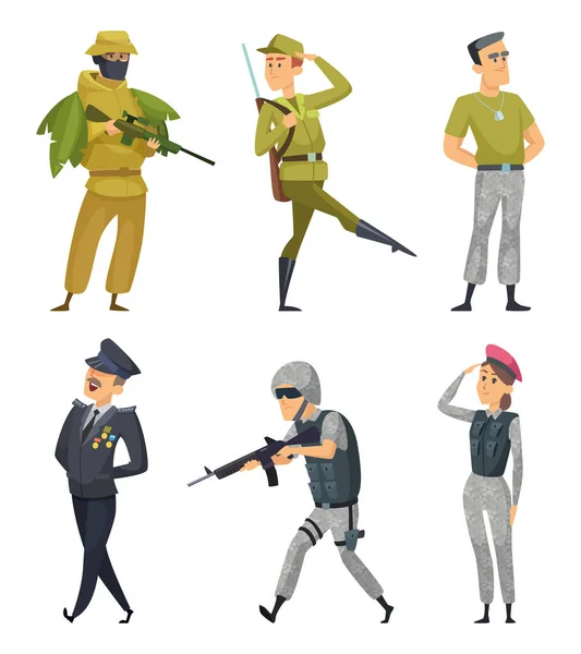 軍事の文字 軍の兵士のオスとメス 弾薬と制服を着た軍人 ベクトル図 — ストックベクタ