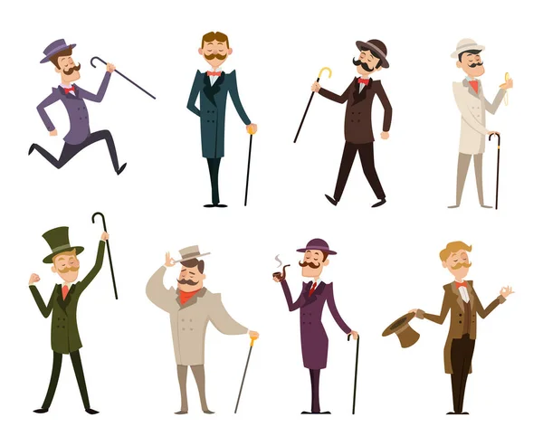 Set English Victorian Gentlemen Characters Dynamic Poses Collection Gentlemen Suit — Stock Vector
