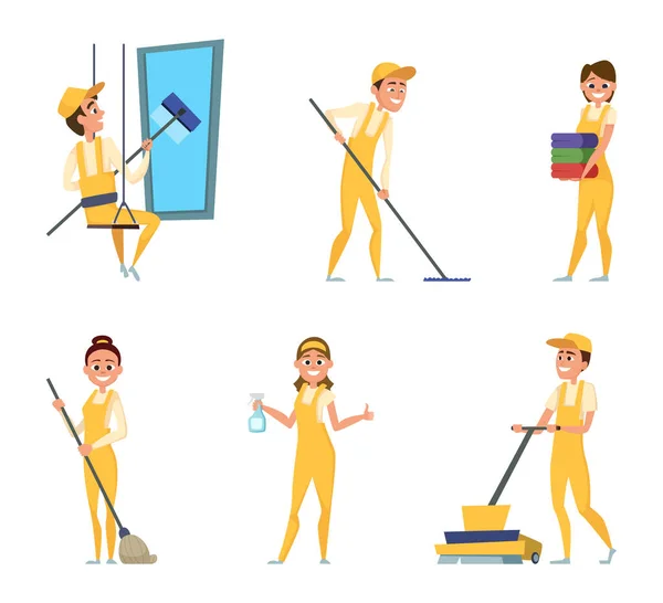 Temizleme Servisi Takım Işçiler Özel Giyim Farklı Karakter Kümesi Hizmet — Stok Vektör