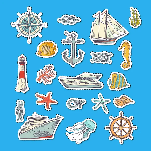 Stickers Éléments Marins Croquis Vectoriels Colorés Illustration Navire Phare — Image vectorielle