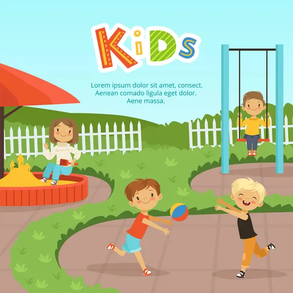 Αστεία Διαφορετικά Παιδιά Παίζουν Στην Παιδική Χαρά Παιδική Ηλικία Και — Διανυσματικό Αρχείο