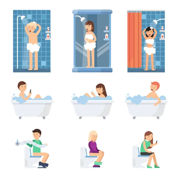 男性と女性は 浴室でシャワーを浴びる フラットの人々 のフラットのイラスト ベクトルのバスタブ シャワー 男性を洗う — ストックベクタ