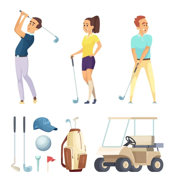 Sportcharaktere Und Verschiedene Werkzeuge Für Golfspieler Vektor Cartoon Maskottchen Illustration — Stockvektor