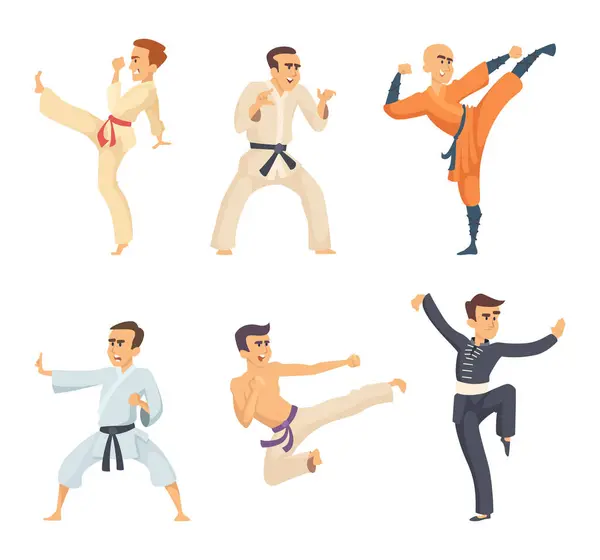 Sport fighters in action poses. Cartoon characters isolate on white background. Vector art martial, fighter karate and warrior combat illustration