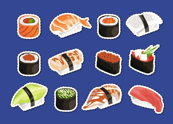 Vector Desenhos Animados Sushi Adesivos Conjunto Isolado Fundo Simples Ilustração — Vetor de Stock