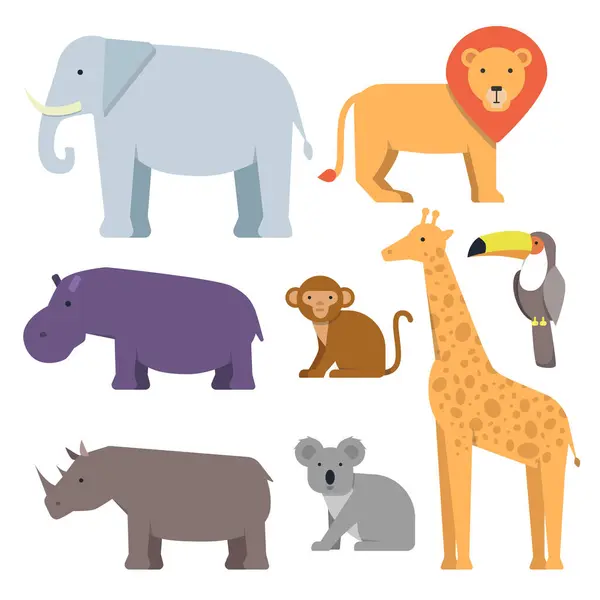 Wild animals in flat style. Vector pictures collection of wild, animals, elephant and giraffe, lion and hippo, rhino and monkey illustration