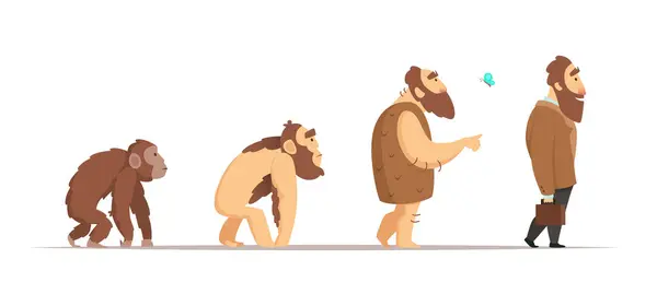 智人的生物学进化 卡通风格中的矢量字符 生物人和尼安德特人 动物猴子进展例证 — 图库矢量图片