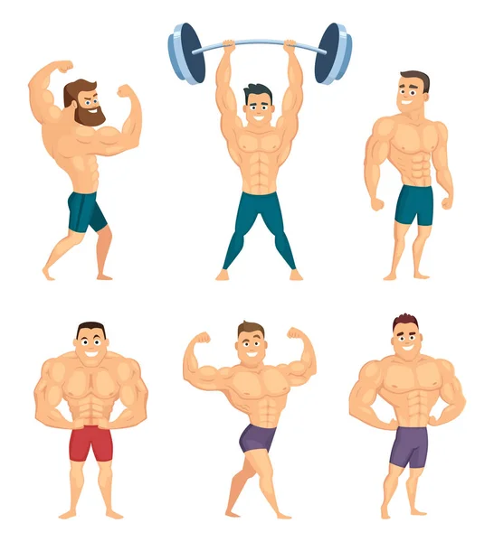 卡通人物的强壮和肌肉健美的姿势摆在不同的姿势 健美肌肉强壮 性格运动员 矢量插图 — 图库矢量图片