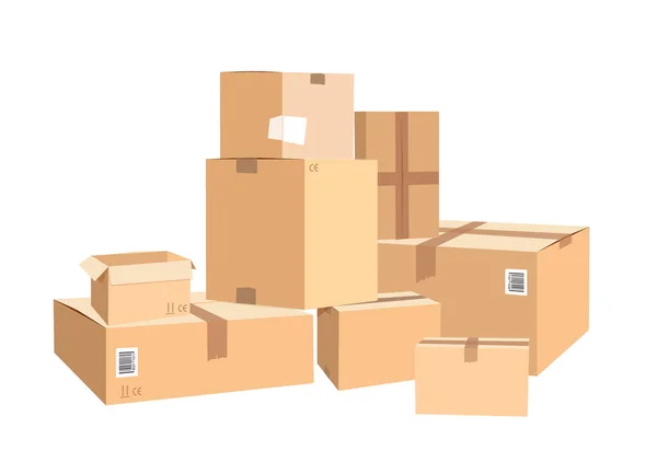 Kartons Verschiedenen Größen Pakete Isoliert Auf Weiß Verpackung Karton Behälterobjekt — Stockvektor