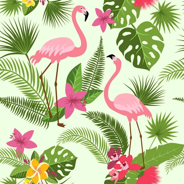 Padrão Sem Costura Vetorial Com Flamingo Flores Tropicais Palmeira Fundo —  Vetores de Stock