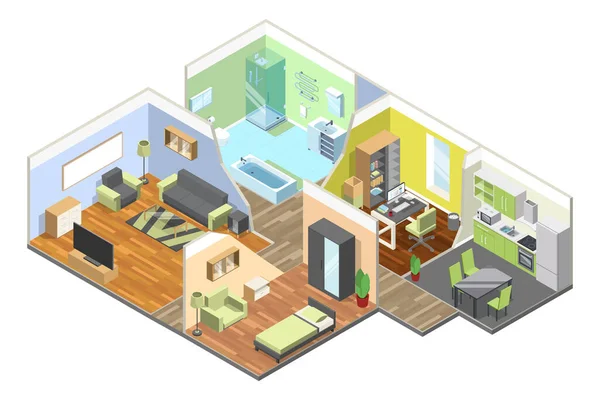 Interior Modern House Kitchen Living Room Bathroom Bedroom Isometric Illustrations — Stock Vector