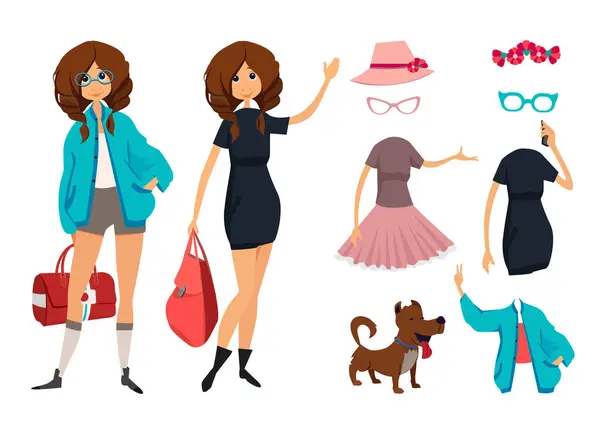 Character Hipster Young Girl Glasses Casual Style Clothes Vector Illustration — Stock Vector