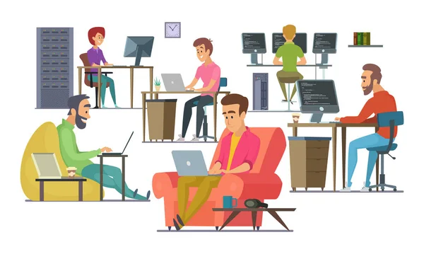 同事在工作 男性和女性程序员和设计师 Coworking 的人和女人在办公室 程序员社区的同事 矢量插图 — 图库矢量图片
