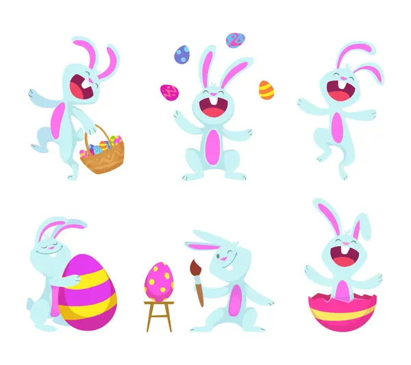 Пасхальные Кролики Мультяшном Стиле Кролик Радуется Яйцам Кролик Праздничному Пирогу — стоковый вектор