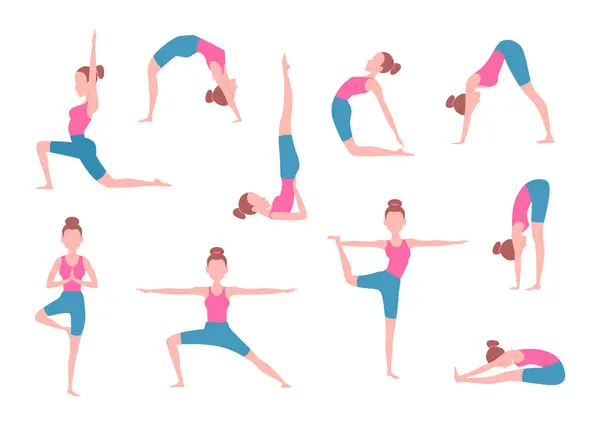 Frauen Machen Yoga Übungen Verschiedenen Posen Vektor Yoga Körperhaltung Mädchen — Stockvektor