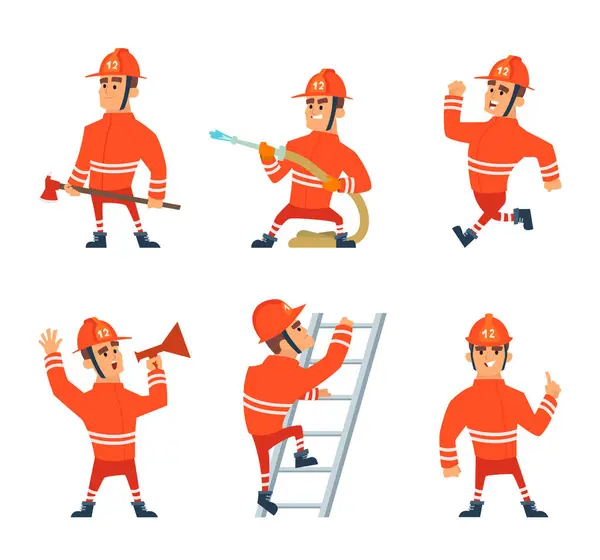 Feuerwehrmann Bei Der Arbeit Verschiedene Action Posen Cartoon Feuerwehrmann Charakter — Stockvektor