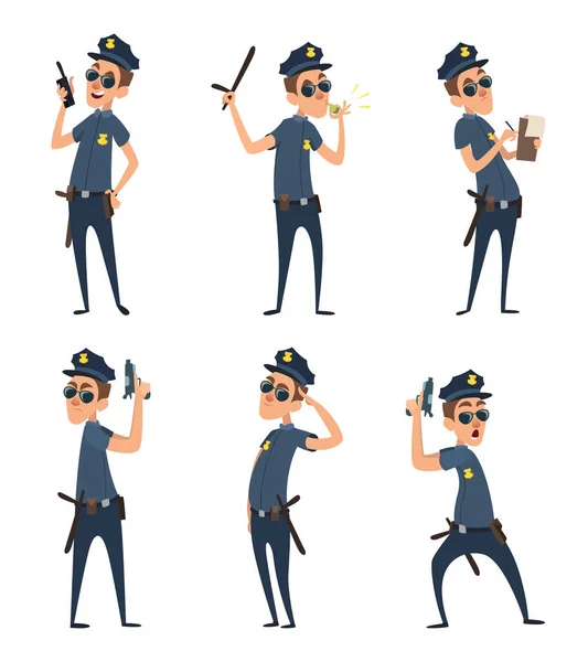 アクション ポーズで警察の面白い漫画のキャラクター 状況で男性警官 警官をもたらす各種イラスト作成 — ストックベクタ