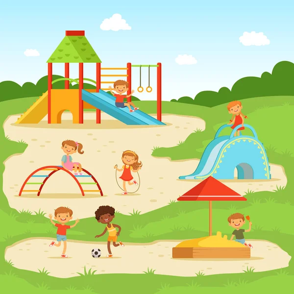 Lustige Kinder Auf Dem Sommerspielplatz Kinder Spielen Park Vektorillustration Cartoon — Stockvektor