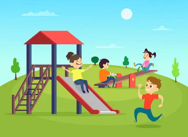 Lustige Spielende Kinder Auf Dem Spielplatz Vektorillustration Spielplatz Mit Lustigen — Stockvektor