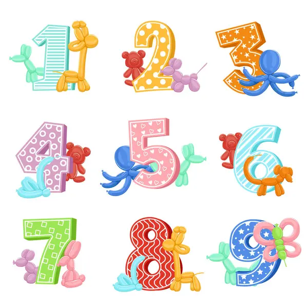 Inflatable Animals Birthday Numbers Vector Illustrations Design Template Invitation Cards — Stock Vector