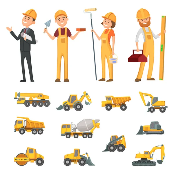Männliche Und Weibliche Figuren Von Bauarbeitern Und Verschiedene Abbildungen Von — Stockvektor