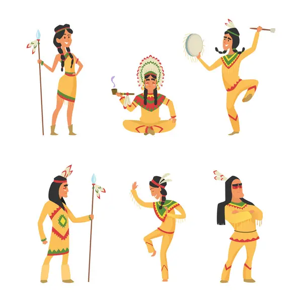 Amérindiens Caractères Bande Dessinée Dans Style Vectoriel Illustration Tradition Indienne — Image vectorielle