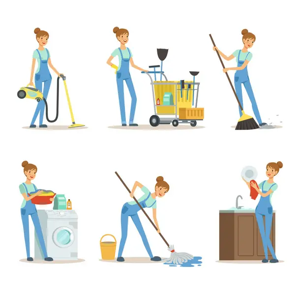 Profesjonalne Sprzątanie Kobieta Czyszczenia Zrobić Kilka Prac Domowych Dom Pracownika — Wektor stockowy