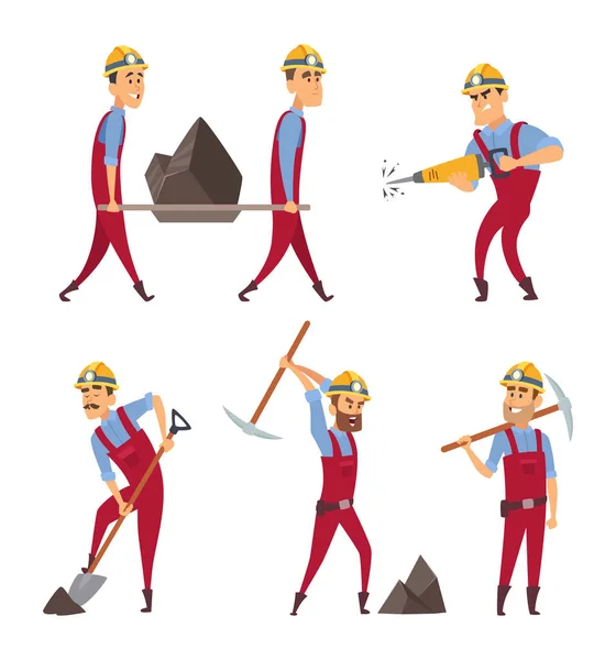 Eine Reihe Von Arbeitenden Menschen Bergleute Verschiedenen Action Posen Vektor — Stockvektor