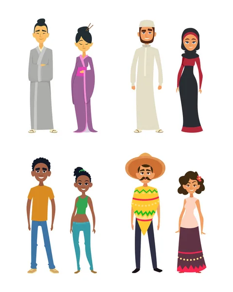 Worldwide Group International Peoples Cartoon Style Vector Arabic African Mexican — Stock Vector