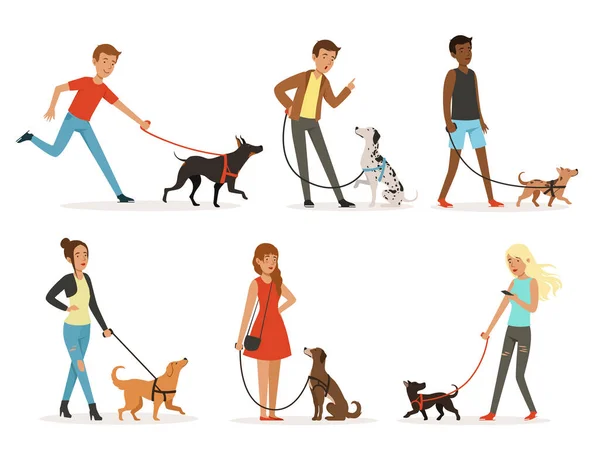 Djurens Vänskap Glada Människor Med Roliga Hundar Illustrationer Tecknad Stil — Stock vektor