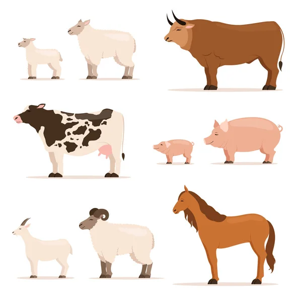Zwierzęta Farmie Baranek Prosiaczek Krowy Owce Kozy Wektor Zestaw Stylu — Wektor stockowy