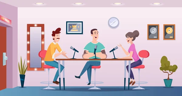 Broadcast Studio Podcast Interview People Talking Microphones Interior Room Exact — Stock Vector