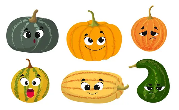 Carino Cartone Animato Zucca Vendemmia Verdure Fresche Zucche Facce Comiche — Vettoriale Stock