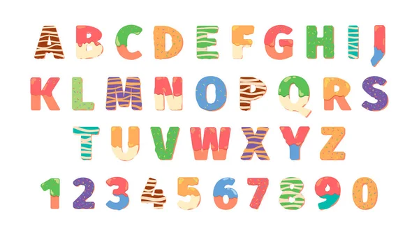 Donuts Alphabet Buchstaben Lebensmittel Symbole Text Lustige Symbole Zahlen Und — Stockvektor