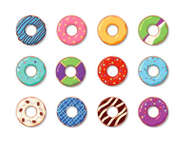 Donuts Gebäckprodukte Dessert Köstliche Speisen Für Das Frühstück Schokolade Donuts — Stockvektor