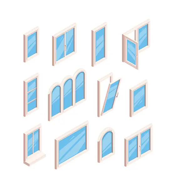 Cadres Fenêtres Verre Fenêtres Ouvertes Fermées Différents Types Illustrations Isométriques — Image vectorielle