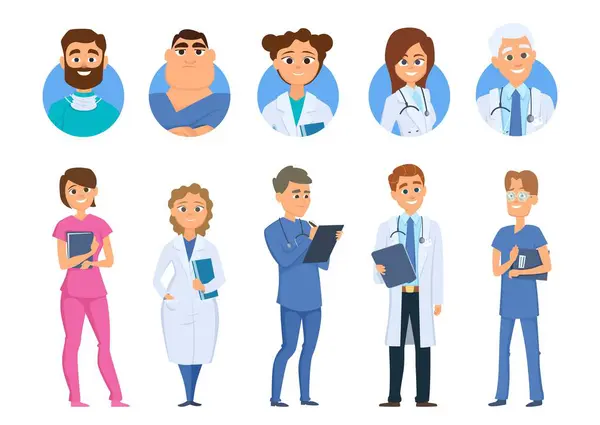 Personagens Médicos Enfermeira Equipe Médica Avatares Desenho Animado Isolado Conjunto Gráficos Vetores
