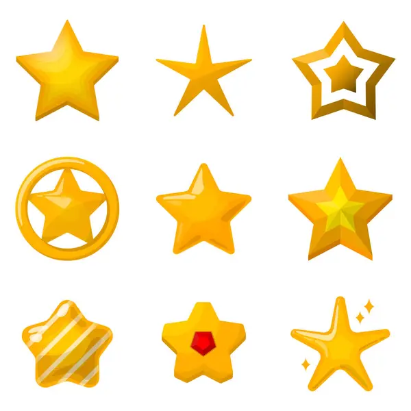 Glossy Gold Stars Cartoon Style Icons Set Game Design Projects — Stock Vector