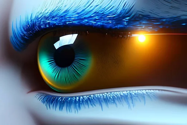 Narrow cyber eye. Close up. Narrow cyber eye. Close up. Futuristic eye, universe. 3D Rendering