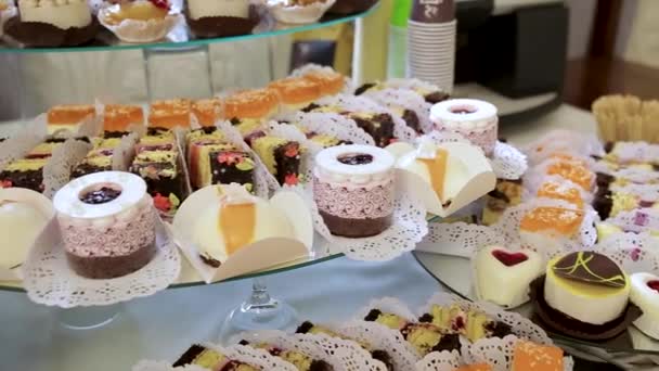 婚礼招待会上提供给客人的各种水果 甜蛋糕和纸杯蛋糕 自助餐桌鸡尾酒会 — 图库视频影像